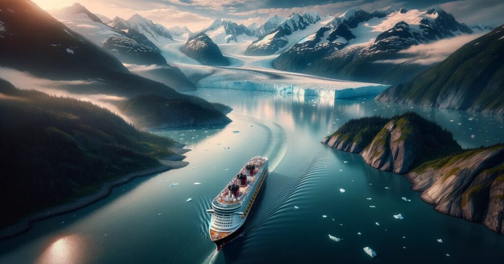 Disney cruise ship sailing through Alaska's icy waters with snow-capped mountains in the background.