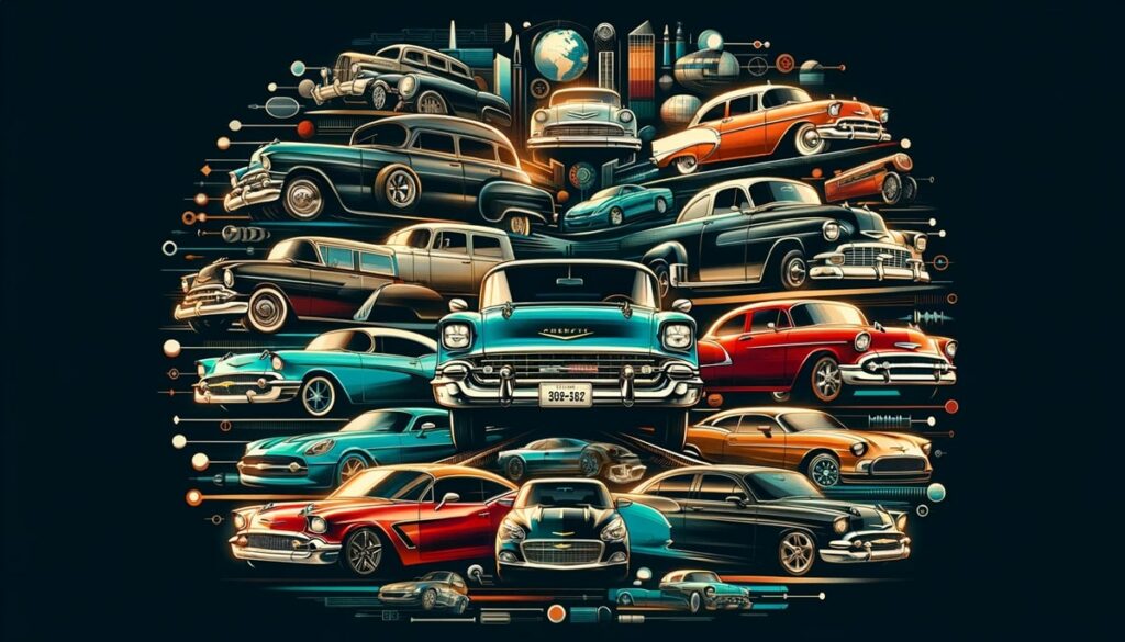 Montage showing a timeline of historic Chevy models, highlighting the evolution of design and technology from classic to modern vehicles.