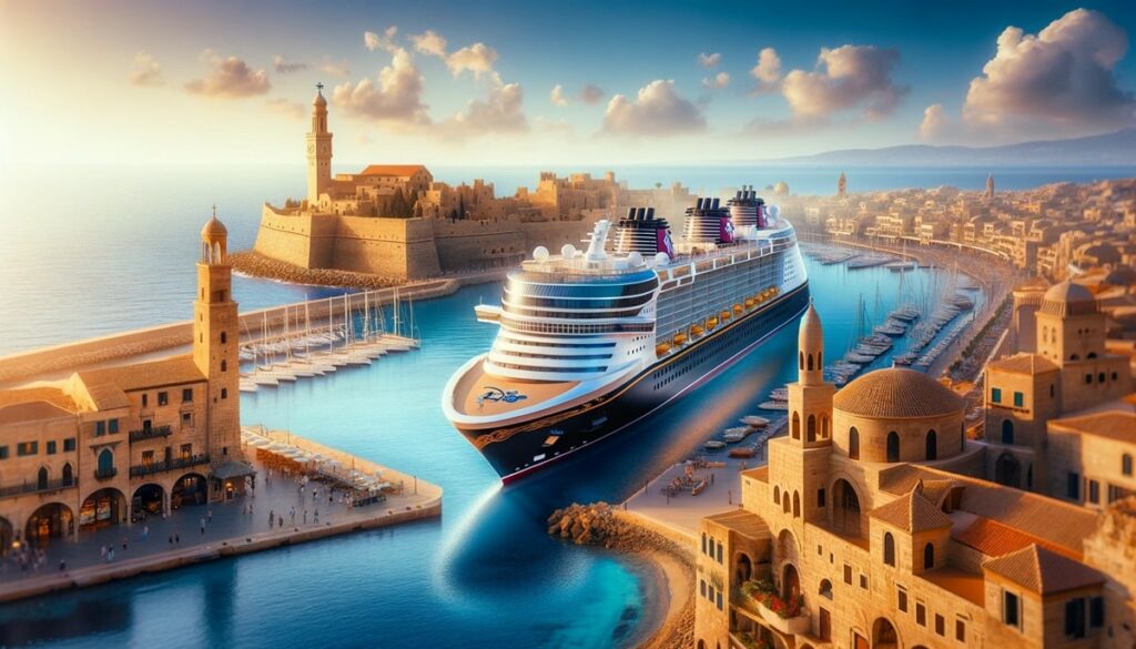 Disney cruise ship docked at a historical Mediterranean port under clear blue skies.