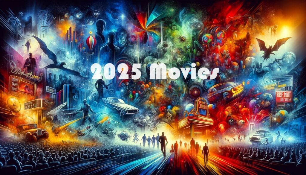 Futuristic and vibrant collage of various movie genres representing films of 2025.