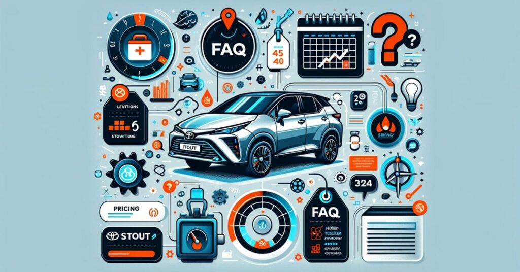An FAQ graphic for the Toyota Stout 2024 featuring icons for a calendar, price tags, fuel gauge, and tech features.