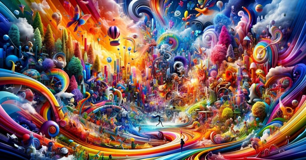 Kaleidoscopic and colorful illustration of whimsical and imaginative landscapes representing animated movies.