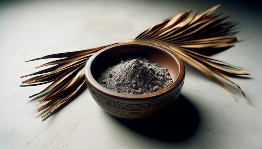 Bowl of ashes and palm branches for Ash Wednesday.