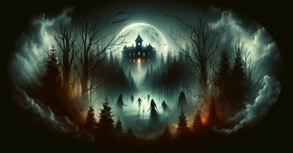 Eerie and dark representation of a horror movie scene with silhouettes and a haunted house.