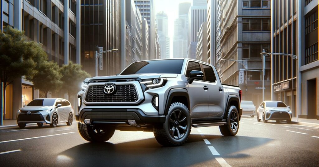 The Toyota Stout 2024 parked on a city street, showcasing its modern design with LED headlights and a bold grille.