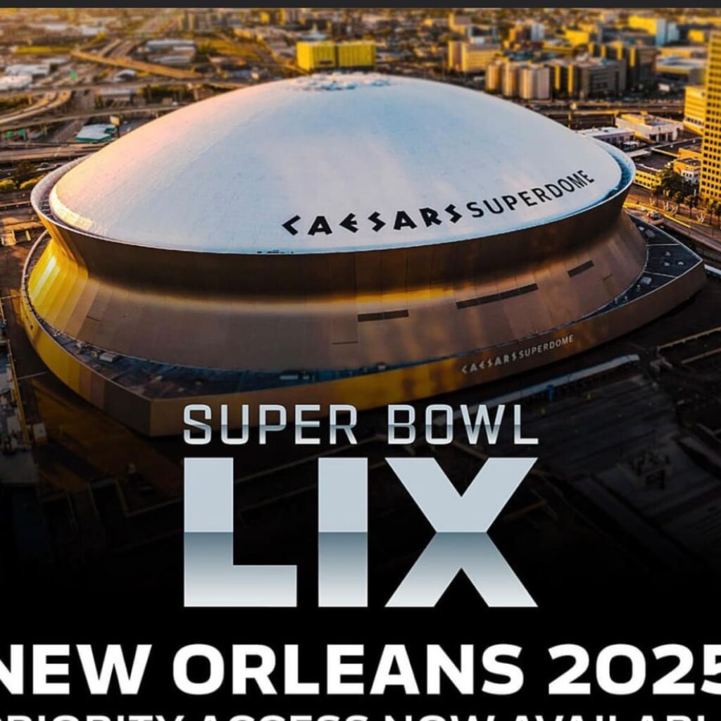 Aerial view of the Caesars Superdome in New Orleans with 'Super Bowl LIX New Orleans 2025' text displayed.
