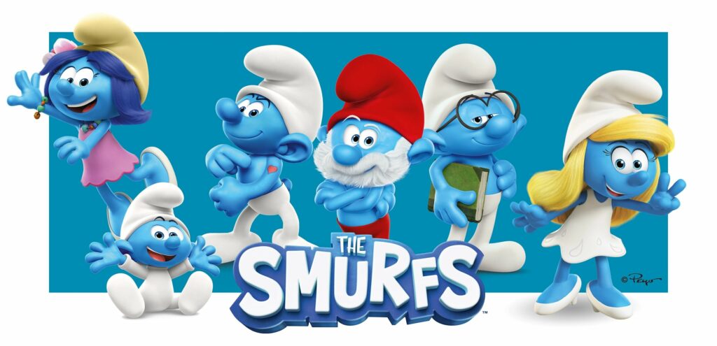 Colorful promotional image of The Smurfs cartoon characters waving and smiling.