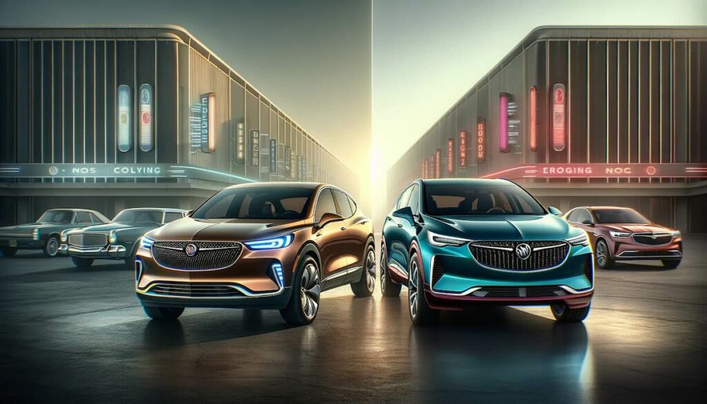 Side-by-side comparison of the 2025 Buick Envision in a wide image format, showcasing its exterior design evolution and new color options against its predecessor.