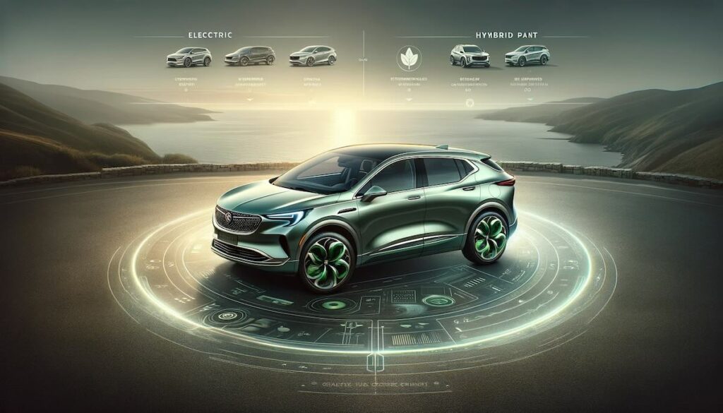 Wide image showcasing the electric or hybrid variant of the 2025 Buick Envision, highlighting eco-friendly badging, charging ports, and exclusive design cues.