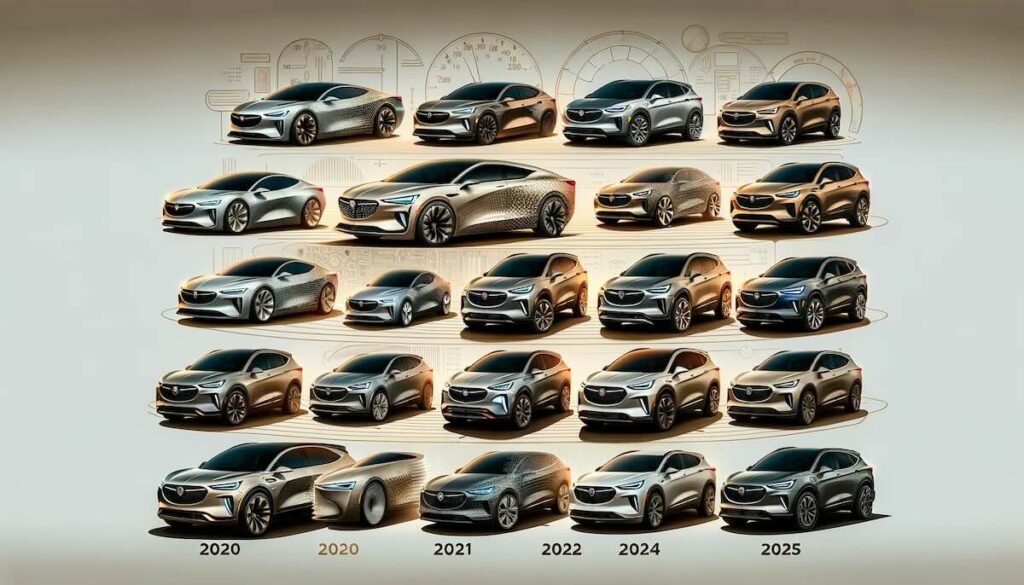 Collage showing the progression of the Buick Envision models from 2020 to 2025, illustrating design and technological evolution.