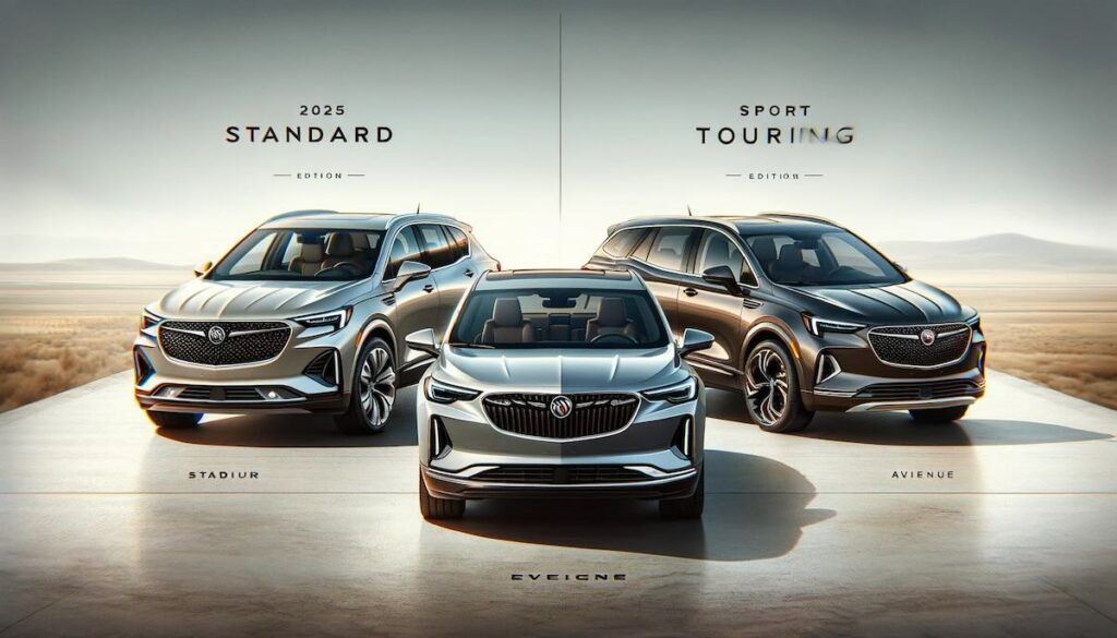 Wide image comparing the Standard, Avenir, and Sport Touring editions of the 2025 Buick Envision, highlighting unique design elements and features.