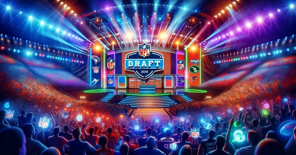 Vibrant NFL draft stage with a cheering crowd and team logos, capturing the excitement of the draft event.
