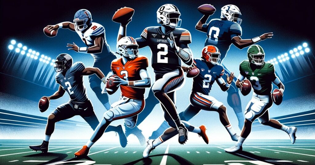 Quarterback prospects in a stylized football field, ready to make their mark in the NFL, depicted in collegiate uniforms.