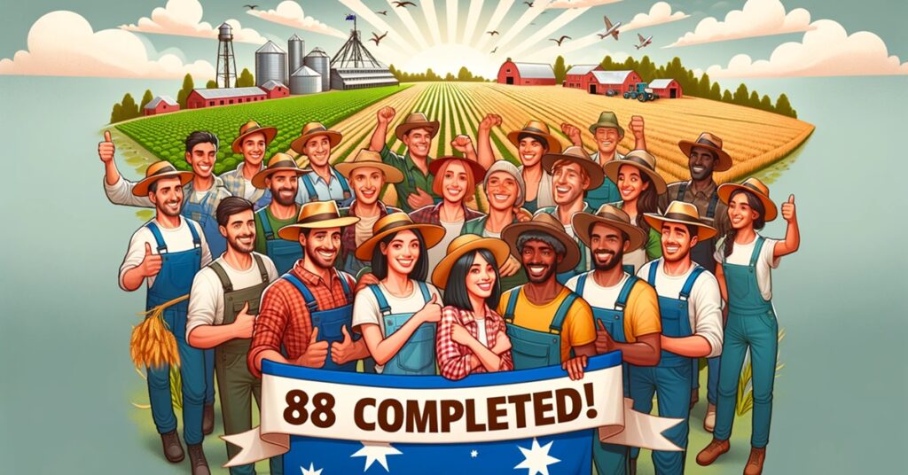 A celebratory illustration showing a diverse group of farm workers holding a banner reading '88 COMPLETED!' in a rural farm setting.