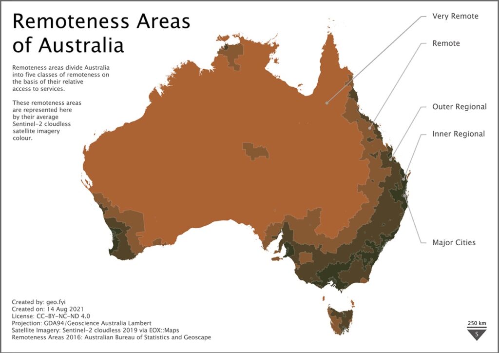 A color-coded map showing the remoteness areas of Australia, categorized from very remote to major cities.